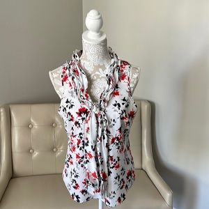 White, Red and Black Floral Blouse Sleeveless with ruffled collar, Size Small.